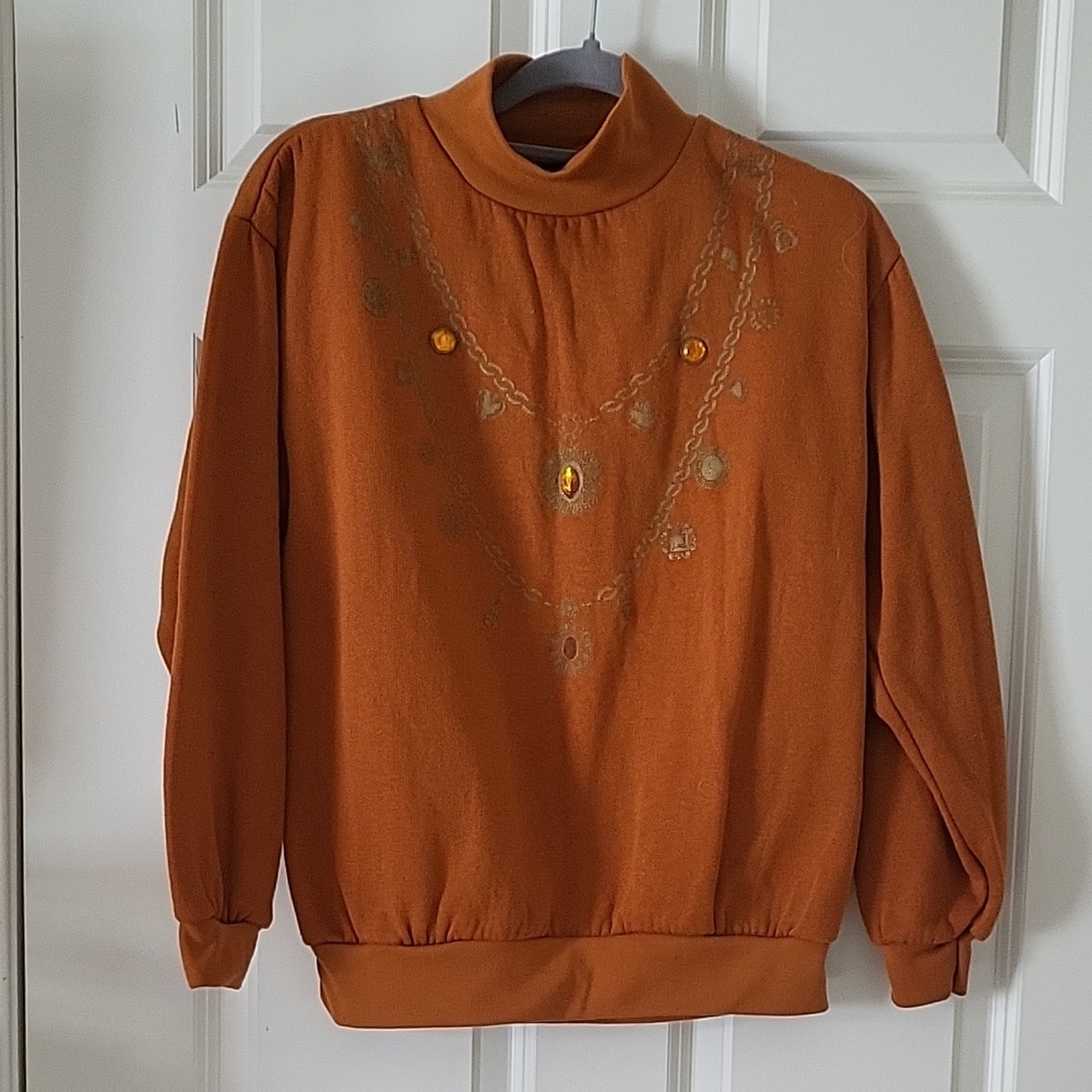Vintage Camisa Orange Mock Neck Knit Top Long Sleeve Women’s Large Cozy Retro